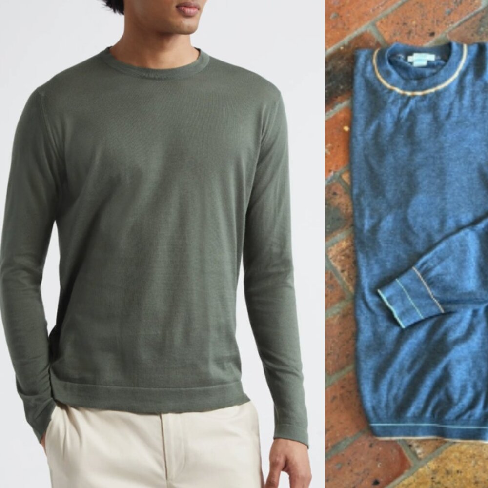 John Smedley Sea Island Cotton Jumper Gray and Orange Crewneck Sweater size XL